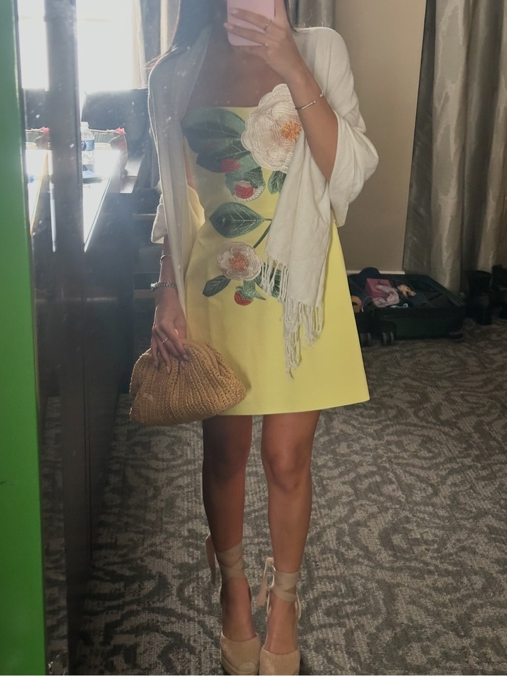 Yellow Strapless Mini Dress with Floral Embroidery